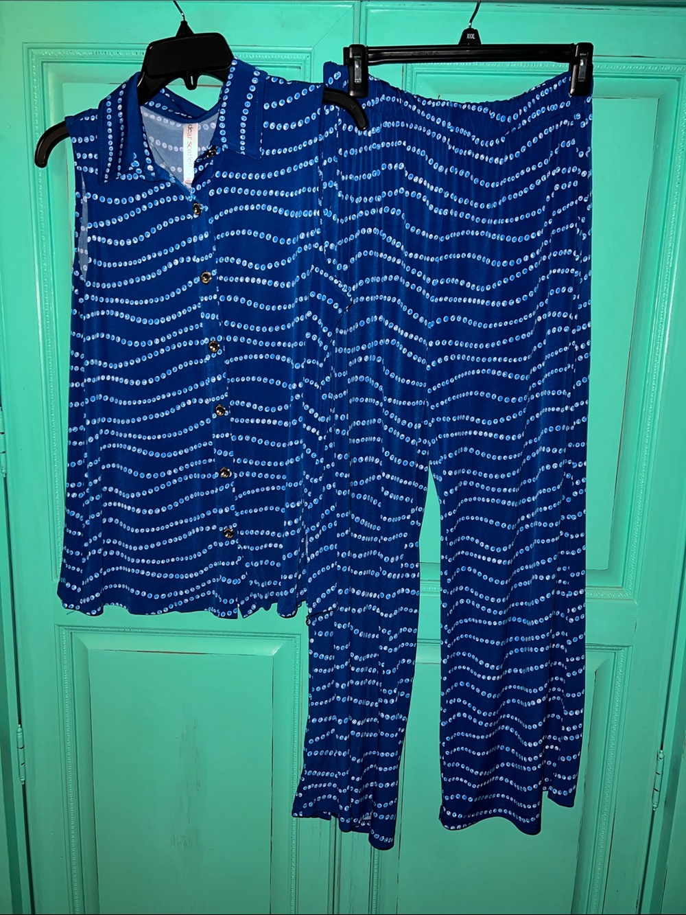 Sleeveless Blue Printed Button-Front Top with Matching Wide-Leg Pants